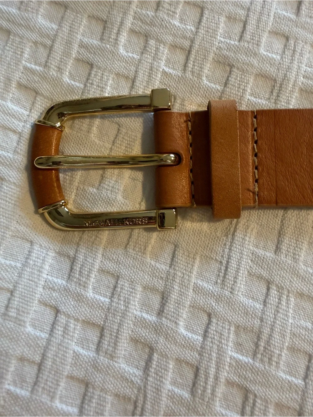 Michael Kors Gold Tone Buckle with Tan Leather blue and red stripe Accents